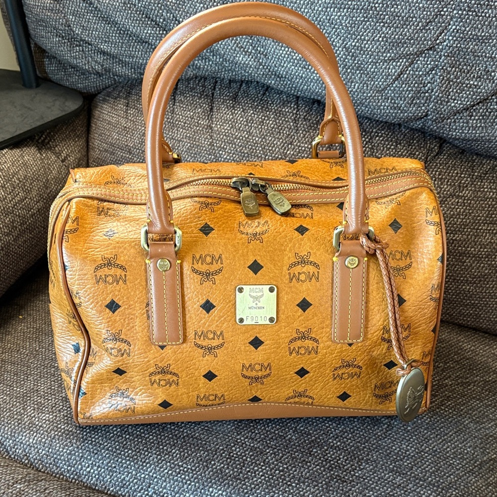 MCM  Visetos Cognac Boston Bag with Princess Lion Charms